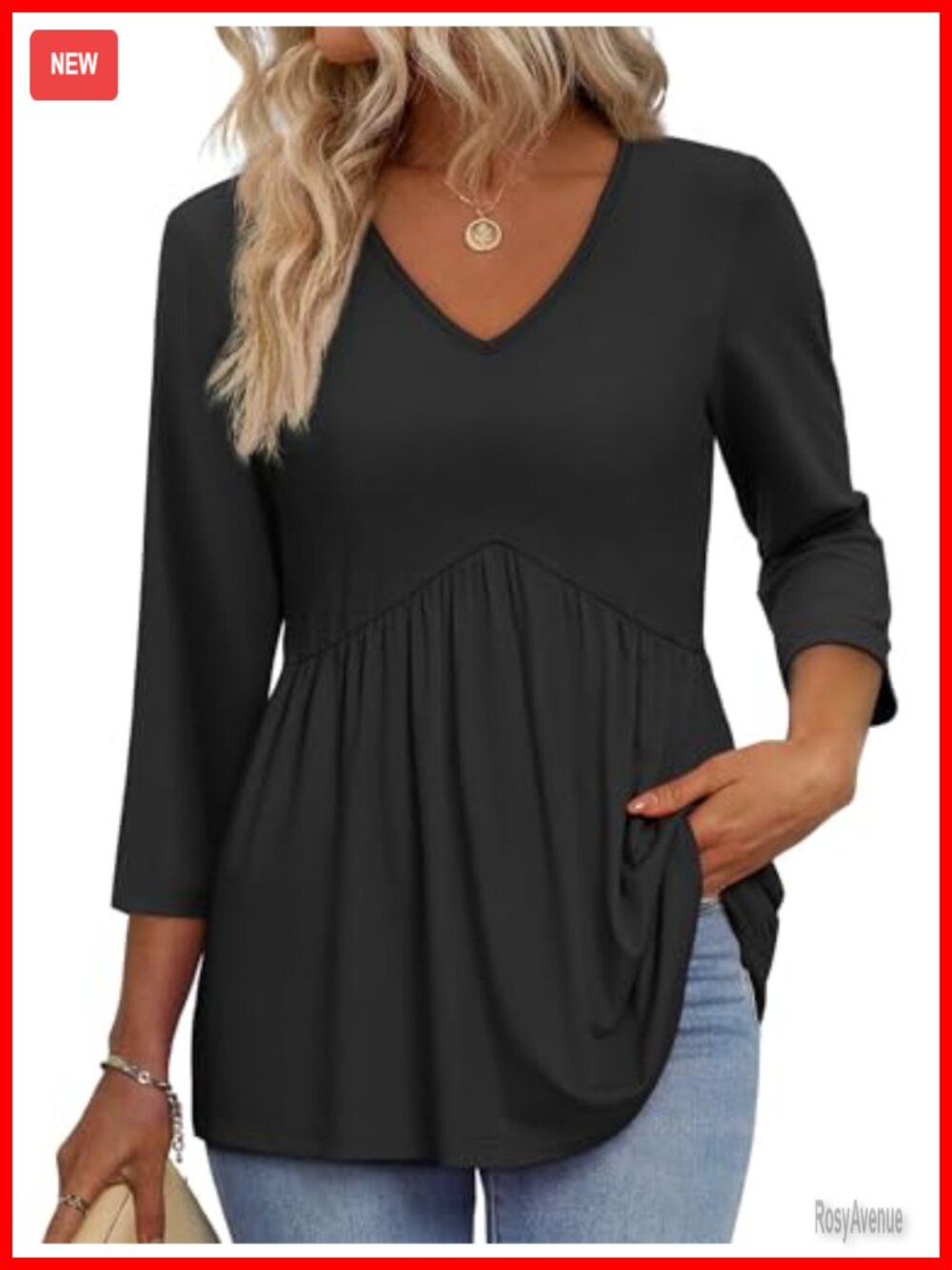 3/4 Sleeve V Neck Babydoll Blouse Flowy Tunic Top